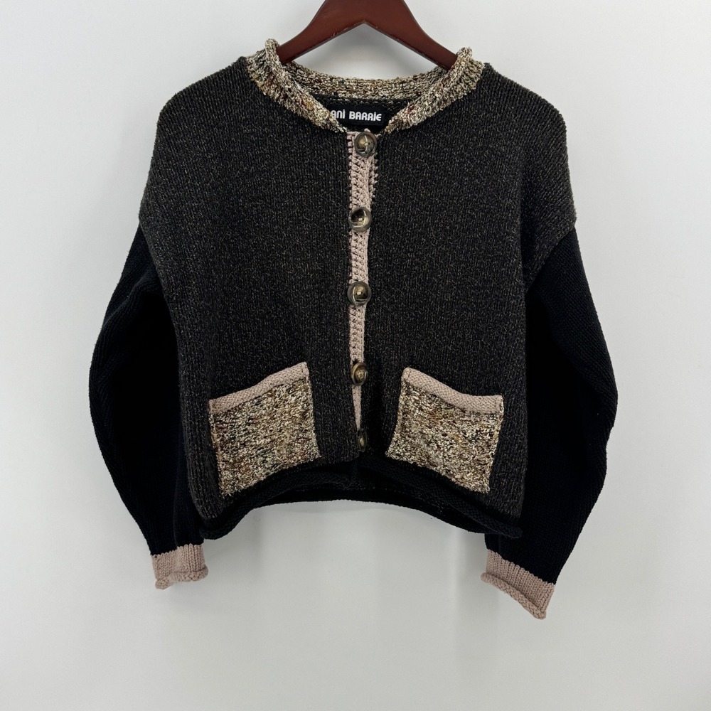 Ani Barrie Womens Chunky Knit Cardigan Sweater‎ Black Charcoal Marled Pockets